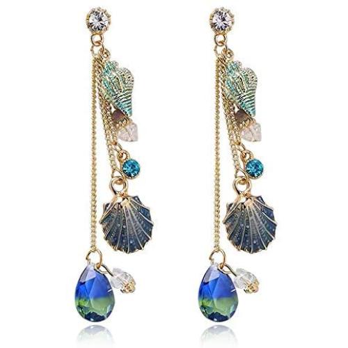 DAMLENG Sparkly Bohemia Long Tassel Blue Ocean Shell Dangle Earrings Shine Rhinestone Scallop Beach Earrings for Women Girls Charm Statement Colorful Crystal Jewelry