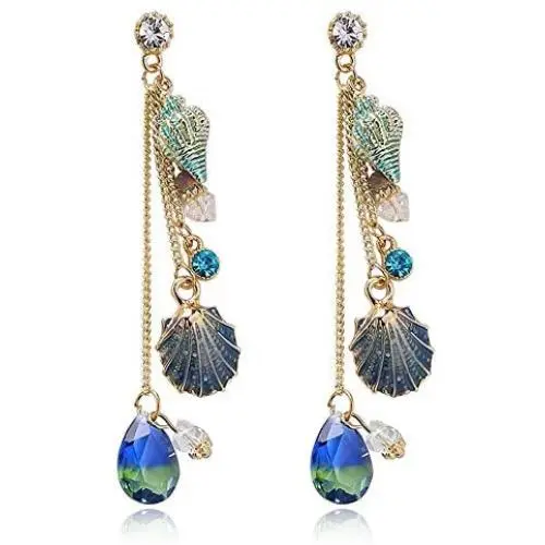 DAMLENG Sparkly Bohemia Long Tassel Blue Ocean Shell Dangle Earrings Shine Rhinestone Scallop Beach Earrings for Women Girls Charm Statement Colorful Crystal Jewelry