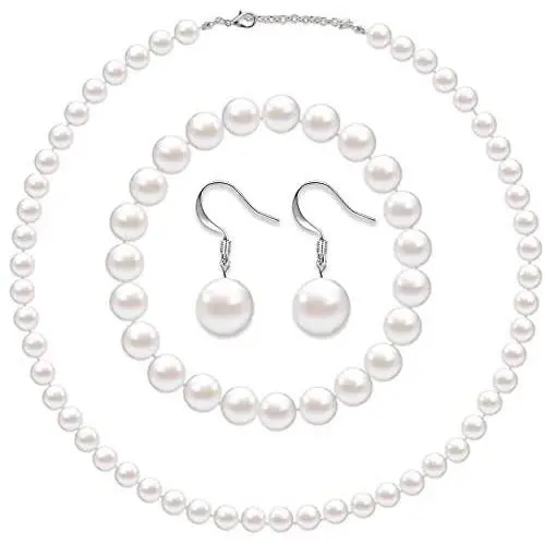 Faux Pearl Jewelry Set Simulated Pearl Necklace Bracelet Earrings for Women Girls Faux Pearl Jewelry Set Simulated Pearl Necklace Bracelet Earrings for Women Girls