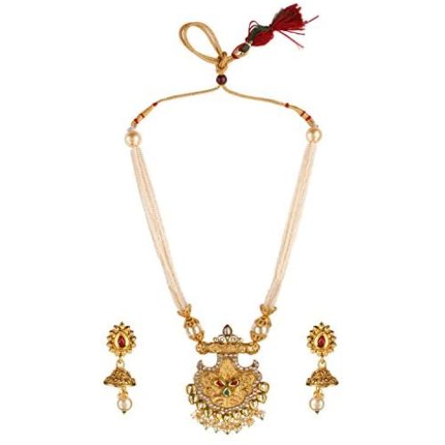 Efulgenz Indian Bollywood Traditional Rhinestone Faux Ruby Emerald Pearl Beaded Collar Strand Antique 18K Gold Tone Plated Necklace Jewelry Festive Costume Accessories for Women and Girls