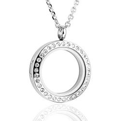 Jovivi 25/30mm Living Floating Memory Locket Necklace - 316 Surgical Stainless Steel Round Crystals Magnetic Closure