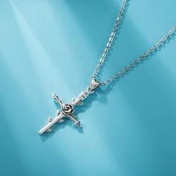 EUDORA Sterling Silver''God Bless'' Vintage Christian Rose Cross Pendant Necklace Jewelry Gift for Women,18''