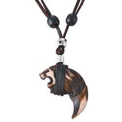 MJartoria Mens Necklace, Unisex Resin Tooth Pendant Adjustable Brown PU Leather Cord Necklace