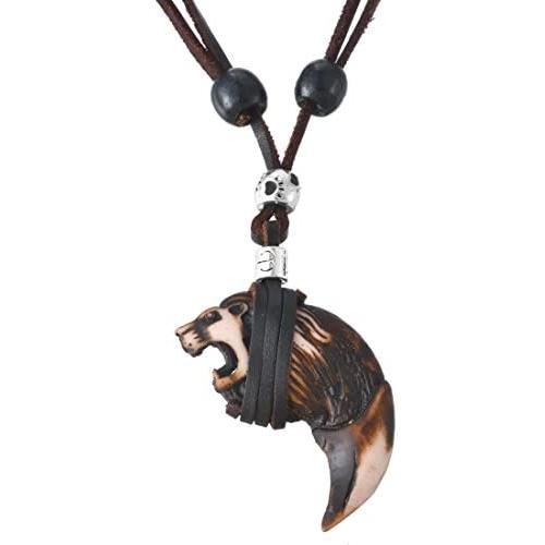 MJartoria Mens Necklace, Unisex Resin Tooth Pendant Adjustable Brown PU Leather Cord Necklace