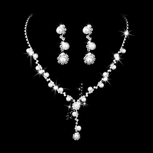 Yikisdy Bride Wedding Necklace Earrings Set Bridal Crystal Necklaces Jewelry Rhinestones Pearl Choker Necklace Accessories for Women and Girls (1) (1)