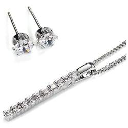 NEOGLORY Platinum Plated CZ Cubic Zirconia Bar Necklaces Stud Earrings Jewelry Sets for Sensitive Skin