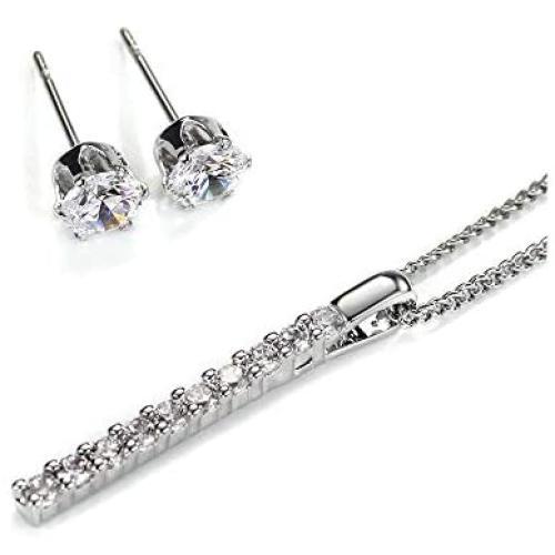NEOGLORY Platinum Plated CZ Cubic Zirconia Bar Necklaces Stud Earrings Jewelry Sets for Sensitive Skin
