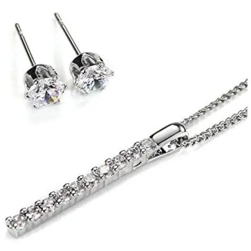 NEOGLORY Platinum Plated CZ Cubic Zirconia Bar Necklaces Stud Earrings Jewelry Sets for Sensitive Skin NEOGLORY Platinum Plated CZ Cubic Zirconia Bar Necklaces Stud Earrings Jewelry Sets for Sensitive Skin