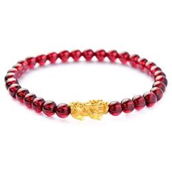 MANRUO Feng Shui The Best Prosperity Red Bead Garnet Bracelet with Golden Pi Xiu/Pi Yao Lucky Wealthy Amulet Brecelet Jewelry