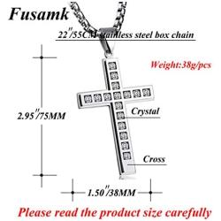 Fusamk Fashion Religious Titanium Steel Crystal Cross Pendant Necklace,22'' Link Chain