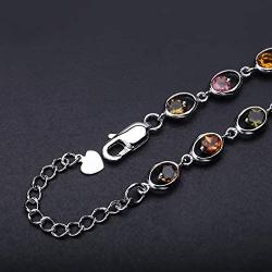 QITIAN 925 Sterling Silver Bracelet - 4.38Ct Oval Mixed Bracelet Birthstone Bracelet Nature Tourmaline Bracelet Christmas Gift For Women Girls, Chain Length 6.7''+1.2'' Extend