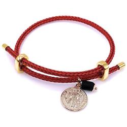 18K Gold Plated Saint Benedict Red String Bracelet Adjustable Charm Genuine Jetstone