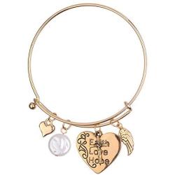 Lux Accessories Gold Heart Engraved Words Faith Love Hope White Pearl Angel Wing Cross Bangle Bracelet