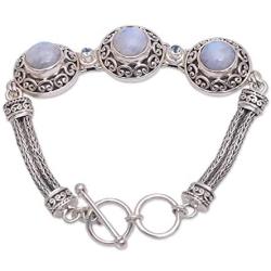 NOVICA Rainbow Moonstone and Blue Topaz .925 Sterling Silver Link Bracelet, 7'', Temple Roof