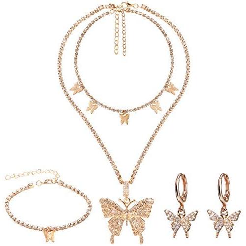 Hicarer Big Butterfly Pendant Necklace Rhinestone Chain Shiny Crystal Choker Pendant Collar Necklace and Butterfly Bracelet Butterfly Earrings Jewelry for Women Girl (Gold)