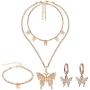 Hicarer Big Butterfly Pendant Necklace Rhinestone Chain Shiny Crystal Choker Pendant Collar Necklace and Butterfly Bracelet Butterfly Earrings Jewelry for Women Girl (Gold)