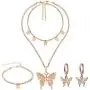 Hicarer Big Butterfly Pendant Necklace Rhinestone Chain Shiny Crystal Choker Pendant Collar Necklace and Butterfly Bracelet Butterfly Earrings Jewelry for Women Girl (Gold)