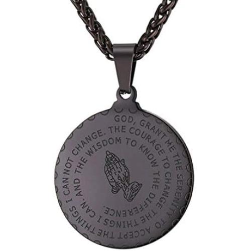 U7 Bible Verse Prayer Necklace for Men Women 18K Gold Plated Stainless Steel Christian Jewelry Praying Hands Coin Medal Pendant, with Chain 20'' 22'' 24'', Custom Text Engravable, Gift Box Packed