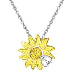 Sunflower Ladybug Necklace Opal Daisy Flower Pendant 925 Sterling Silver Flower Jewelry Gifts for Women Girlfriend Mothers Day Birthday