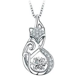 T400 925 Sterling Silver Cat Dog Fox Swan Pendant Necklace with Dancing Diamond Stone Cubic Zirconia Birthday Gift for Women Girls