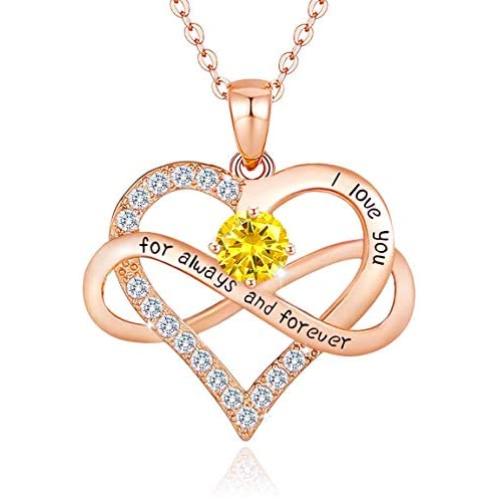 sovesi Infinity Heart Necklace for Women, Rose Gold Love Birthstone Pendant Necklace with Cubic Zirconia Jewelry Birthday Gifts for Women