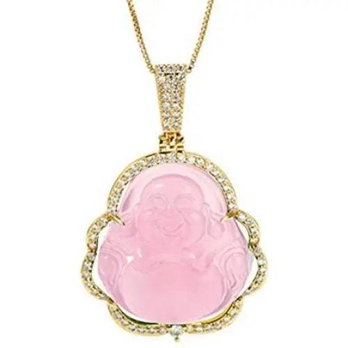Buddha Pendant Green Jade Buddha Necklace Silver Iced Out Bling Cubic Zirconia Laughing Buddha Pendant Necklace