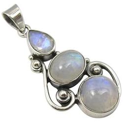 SilverStarJewel Natural Rainbow Moonstone tcw 8.0 Pendant 1.6'' 925 Solid Silver