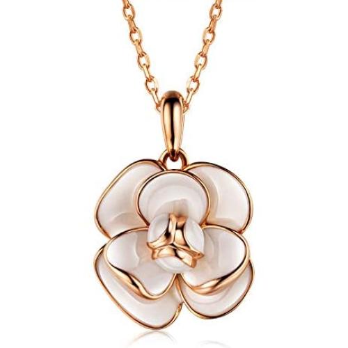 AllenCOCO 18K Gold Plated Enamel Rose Flower Pendant Necklace for Women
