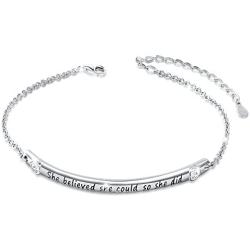 Sterling Silver Engraved Inspirational Adjustable Bracelet “She Believed She Could So She Did” Gift for Her, Women, Friendship (Style 1 White Gold Plated)