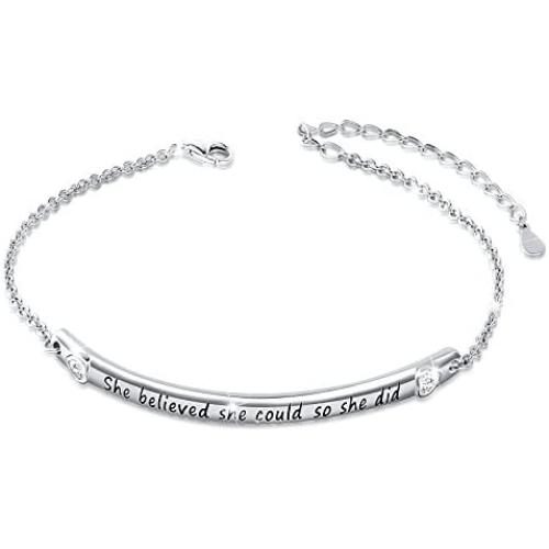Sterling Silver Engraved Inspirational Adjustable Bracelet “She Believed She Could So She Did” Gift for Her, Women, Friendship (Style 1 White Gold Plated)