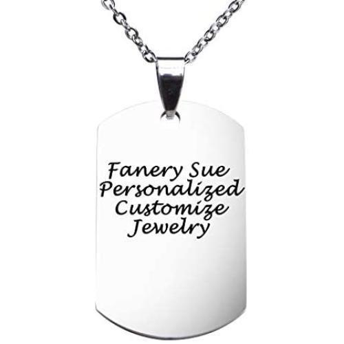 Fanery Sue Personalized Custom Message Engraved Stainless Steel Necklace Military Small Dog Tag Pendant w/24 inch Chain,Jewelry Box,Keyring(Silver)