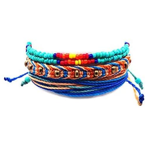 Native American Inspired Tribal Seed Bead Bracelet Gold Beaded Macramé Bracelet Multi Strand String Bracelet Multicolored Layered Stackable 3 PC Pull Tie Jewelry Set