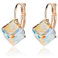 Cube Swarovski Crystal Drop Leverback Earrings for Women Fashion 14K Rose Gold Plated Hypoallergenic Jewelry