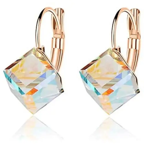 Cube Swarovski Crystal Drop Leverback Earrings for Women Fashion 14K Rose Gold Plated Hypoallergenic Jewelry Cube Swarovski Crystal Drop Leverback Earrings for Women Fashion 14K Rose Gold Plated Hypoallergenic Jewelry