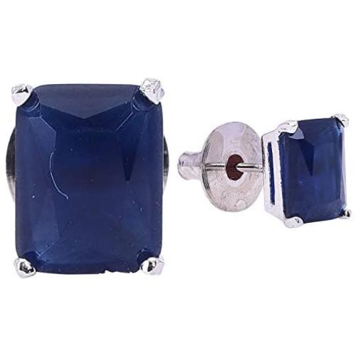 Ratnavali Jewels Silver Plated Cubic Zirconia Stud Earrings Jewelry For Women 9mm (Emerald Shape)