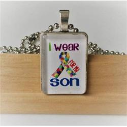 Handmade''I WEAR PUZZLE FOR MY SON'' Autism Awareness Causes Glass Cabochon 25x18 Rectangle Charm Pendant Necklace Gift