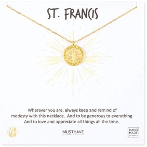 MUSTHAVE ST. Francis Coin 18K Gold Plated Necklace with Message Card, Yellow and White Color, Anchor Chain, Best Gift Necklace, Size 16 inch + 2 inch Extender, ST. Benedict Coin Pendant