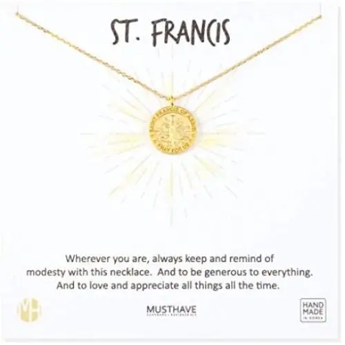 MUSTHAVE ST. Francis Coin 18K Gold Plated Necklace with Message Card, Yellow and White Color, Anchor Chain, Best Gift Necklace, Size 16 inch + 2 inch Extender, ST. Benedict Coin Pendant