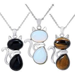 SUNYIK Handmade Cat Stone Pendant Necklace for Women, Healing Crystal Amulet Cat Jewelry with Chain, Pack of 3