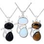 SUNYIK Handmade Cat Stone Pendant Necklace for Women, Healing Crystal Amulet Cat Jewelry with Chain, Pack of 3