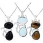 SUNYIK Handmade Cat Stone Pendant Necklace for Women, Healing Crystal Amulet Cat Jewelry with Chain, Pack of 3