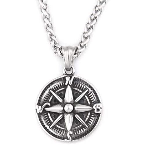 GUNGNEER Stainless Steel Compass Pendant Necklace Keel Chain Life Guide Savior Talisman Jewelry for Mens Womens