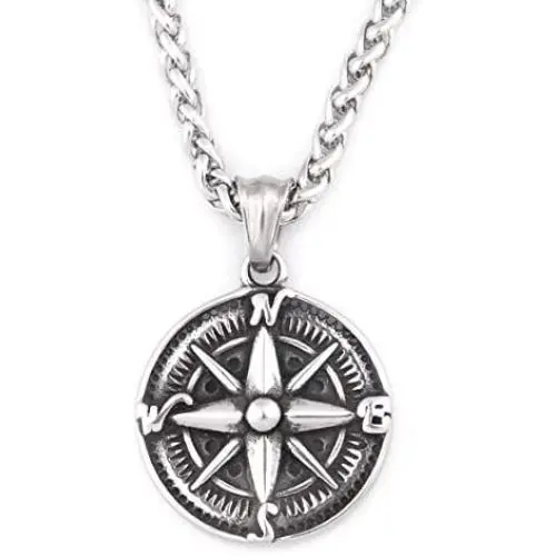 GUNGNEER Stainless Steel Compass Pendant Necklace Keel Chain Life Guide Savior Talisman Jewelry for Mens Womens