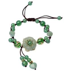 LOOPIG Retro Natural Green Jade Dongling Flower Adjustable Bracelet Jewellery Hand Knitted Amulet