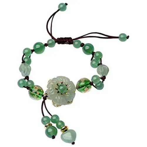 LOOPIG Retro Natural Green Jade Dongling Flower Adjustable Bracelet Jewellery Hand Knitted Amulet