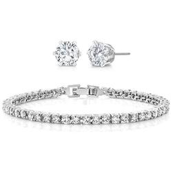 Gem Stone King 10.00 Ctw Round Cubic Zirconia CZ Rhodium Plated Brass Tennis Bracelet 7 Inch with 6MM Studs Set