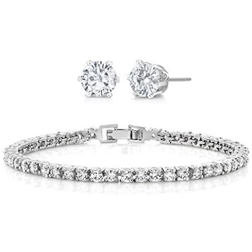 Gem Stone King 10.00 Ctw Round Cubic Zirconia CZ Rhodium Plated Brass Tennis Bracelet 7 Inch with 6MM Studs Set