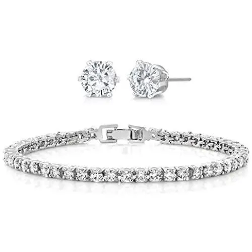Gem Stone King 10.00 Ctw Round Cubic Zirconia CZ Rhodium Plated Brass Tennis Bracelet 7 Inch with 6MM Studs Set