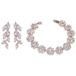 UDORA Cubic Zirconia Leafs Earrings Bracelet Jewelry Set For Bridal Bridesmaid Wedding Prom