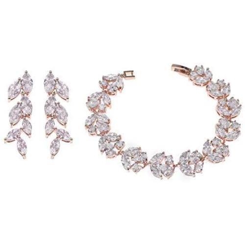 UDORA Cubic Zirconia Leafs Earrings Bracelet Jewelry Set For Bridal Bridesmaid Wedding Prom